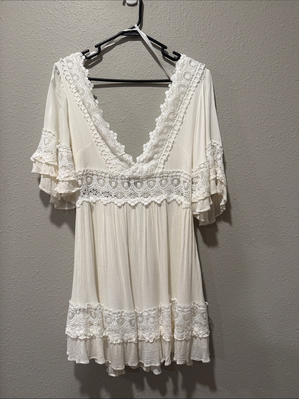 Boho Lace-Trim Mini Dress in Cream